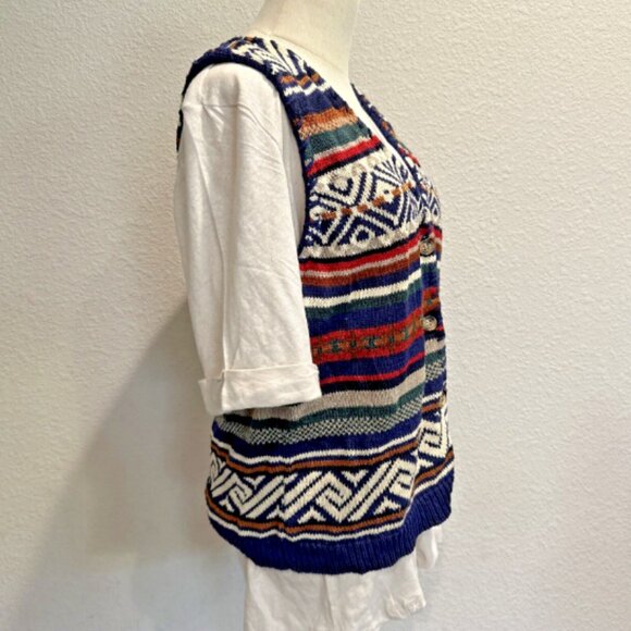 VTG CottageCore Women's P/M Striped Sweater Vest Funky Bright Fair Isle Aztek - Picture 4 of 9